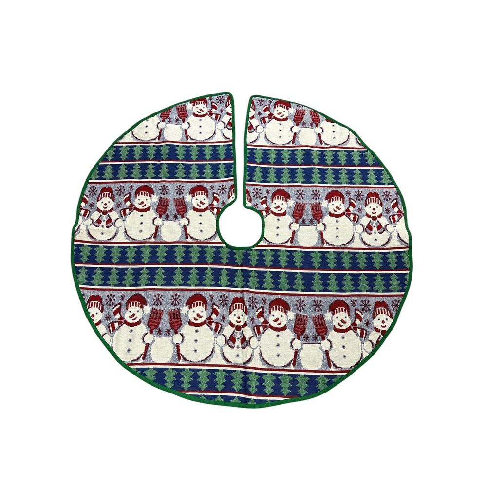 Vintage Snowmen Christmas Tree Skirt 43inch Cotton Tapestry Round Green Trim